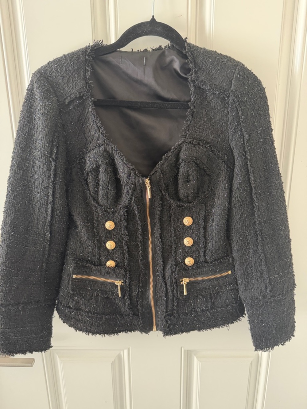 bebe Black Textured Tweed Jacket with Gold Buttons